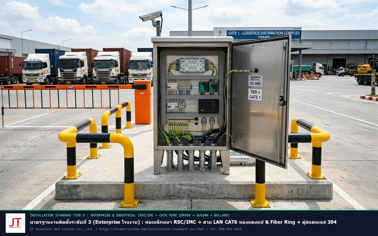 มาตรฐานงานติดตั้งระดับที่ 3 Enterprise โรงงานอุตสาหกรรม ท่อเหล็กหนา RSC IMC สาย LAN CAT6 ทองแดงแท้ ตู้สแตนเลส 304 โครงข่าย Fiber Ring และเสาเหล็กกันชน Safety Bollard