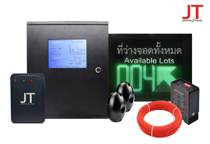 ชุดอุปกรณ์ระบบนับรถ JT Parking Counting ประกอบด้วยกล่องควบคุม JT Counting Controller เรดาร์เซ็นเซอร์ JT ป้ายไฟ LED Available Lots โฟโต้เซ็นเซอร์ และลูปดีเทคเตอร์