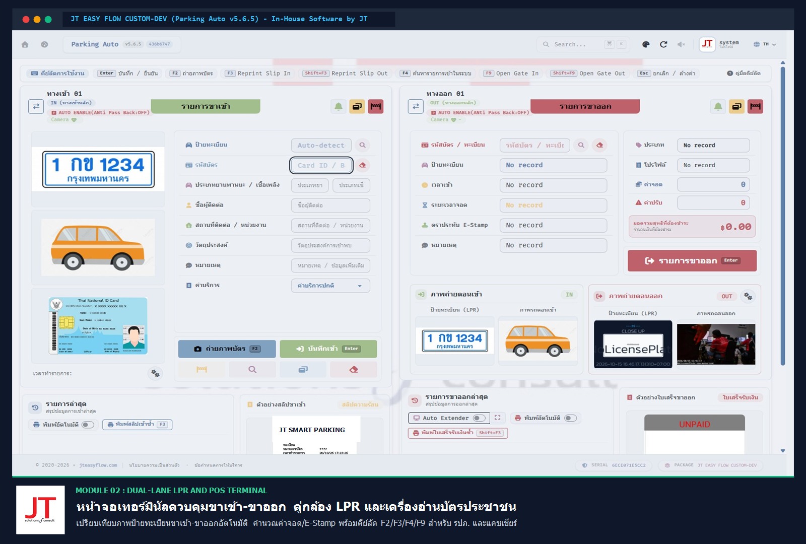 หน้าจอเทอร์มินัลควบคุมขาเข้า-ขาออก คู่กล้องอ่านป้ายทะเบียน LPR และเครื่องอ่านบัตรประชาชน