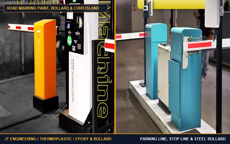 งานตีเส้นสีจราจร ทาสีขอบเกาะกลางขาว-แดง เสาเหล็กกันชน Bollard ป้องกันตู้คิดเงินอัตโนมัติ