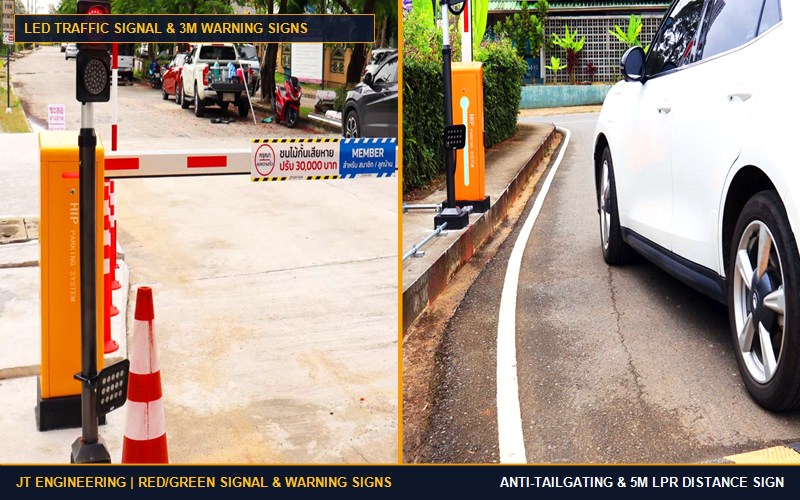 ไฟสัญญาณจราจร LED แดง-เขียว และป้ายจราจร ป้ายเตือนเว้นระยะห่าง 5 เมตร หน้าไม้กั้นรถยนต์